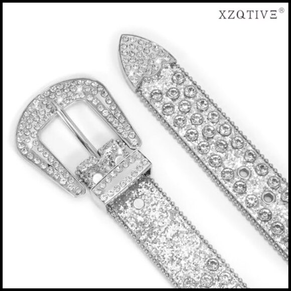Faux Leather Rhinestone Studded Western Belt with Silver Buckle main image 4